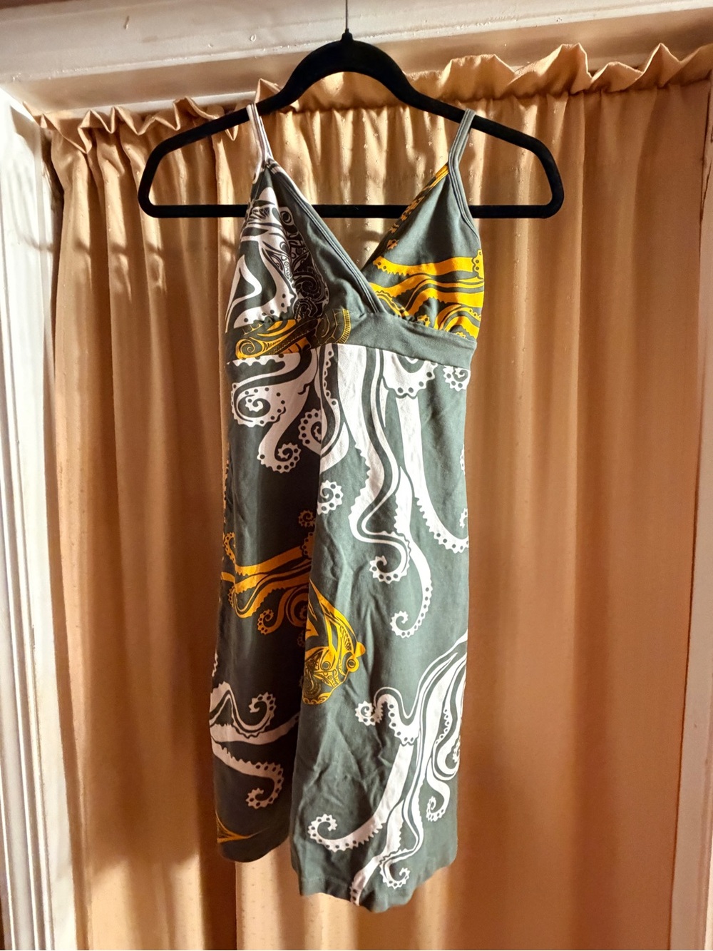 Green Printed Spaghetti-Strap Mini Dress with Yellow Accents